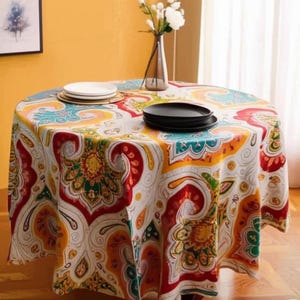 Hermoso mantel redondo con estampado de bloques de Jaipur, regalo de boda para mamá, mantel redondo/de lino con borlas azul/decoración de mesa de fiesta/mantel de lino