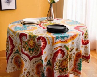 Bellissima tovaglia rotonda con stampa a blocchi Jaipur, regalo di nozze per la mamma, tovaglia rotonda/in lino con nappe blu/decorazione da tavola per feste/tovaglia in lino