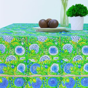 Green Beautiful Floral Block Printed Tablecloth , Wedding Gift For Her, New Cotton Table Cover, Handmade Table Linen, Dinning Tablecloth