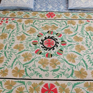 Suzani Linen  Hand Embroidered Wall Hanging  Cotton Embroidery Suzani Bed Spread Uzbek Suzani , Christmas Gift For Mom And Dad