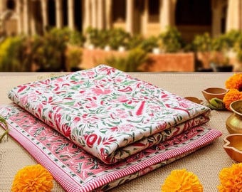 Tovaglia indiana in cotone fatta a mano – Copritavolo con stampa floreale multicolore – Decorazione per sala da pranzo boho