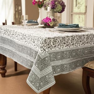 Vintage Black Floral Tablecloth, Block Print Table Cover, Handmade Table Decor Linen, Dinning Tablecloth Housewarming Gift