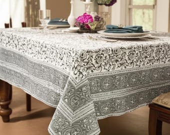 Vintage Black Floral Tablecloth, Block Print Table Cover, Handmade Table Decor Linen, Dinning Tablecloth Housewarming Gift