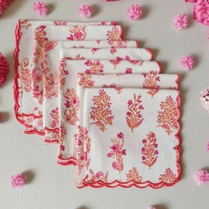 New Baby Pink & Red Hand Block Print Napkin Set with emb scalloped edges ,  Block Printed Napkins Cotton Cloth Table Napkins, Kitchen Decor