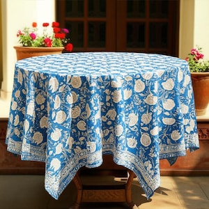 Blue Floral Round Tablecloth, Hand Block Printed Cotton Table Cover, Bohemian Dining Room Decor, Summer Outdoor Table Linen