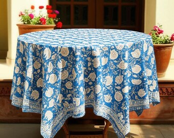 Blue Floral Round Tablecloth, Hand Block Printed Cotton Table Cover, Bohemian Dining Room Decor, Summer Outdoor Table Linen