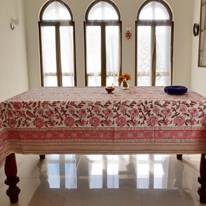 Indian Pink Floral Block Printed Tablecloth, Cotton Table Linen, Wedding Dinning Tablecloths , Rectangle Tablecloth Gift For Her