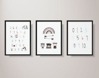 EDUCATIONAL Nursery Posters Set of 3 | BOHO | Alphabet | Numbers | Inspirational | Digital Download | Many sizes | Kids room decoration |