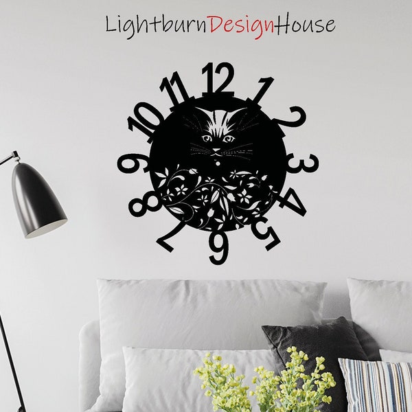 Meow Time Cat Wall Clock-2 Circle Round Home Wall Decor SVG Dxf Ai File for Cricut Silhouette Laser Metal Wood Cut Engrave