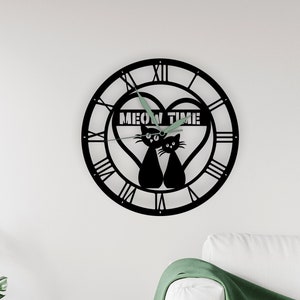 Deux chats coeur amour miaou temps horloge murale décoration d'intérieur évolutive SVG Dxf Ai PDF fichier PNG pour Cricut Silhouette Laser métal bois coupe graver