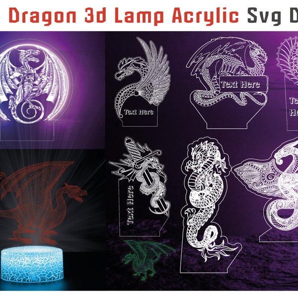 95 SVG DXF Dragon Acrylic Illusion 3d Led Lamp Bundle Files For Laser Engrave Cut, Led Night Lamp