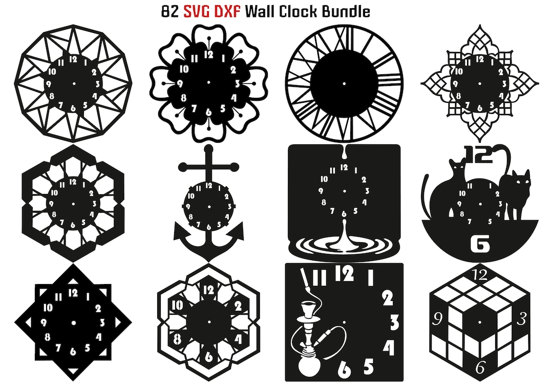 82 Wall Clock Faces SVG DXF Bundle | Geometric Floral Animal Clock ...