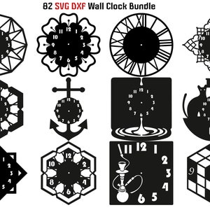 May include: A set of 82 SVG and DXF files for creating wall clocks. The designs include a variety of shapes, such as a flower, an anchor, a cat, and a cube.