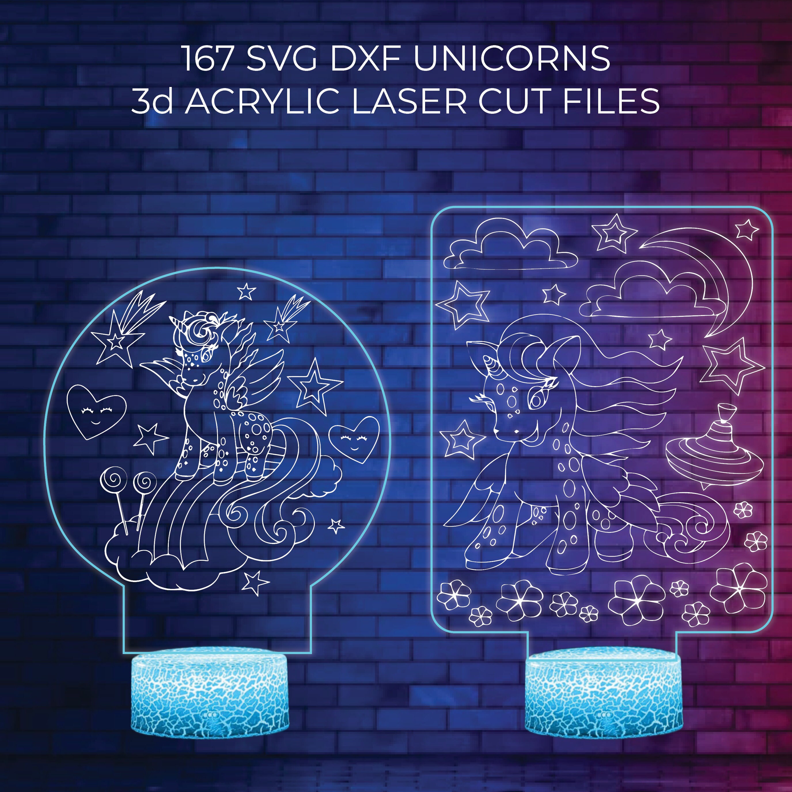 167 SVG DXF Unicorns Acrylic Illusion Led Lamp Bundle Files