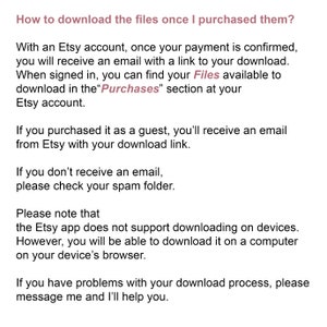 May include: Text explaining how to download digital files purchased on Etsy. It mentions receiving an email with a download link, finding files in the "Purchases" section, and checking the spam folder if the email is not received. It also notes that the Etsy app does not support downloading files, but they can be downloaded on a computer's browser.
