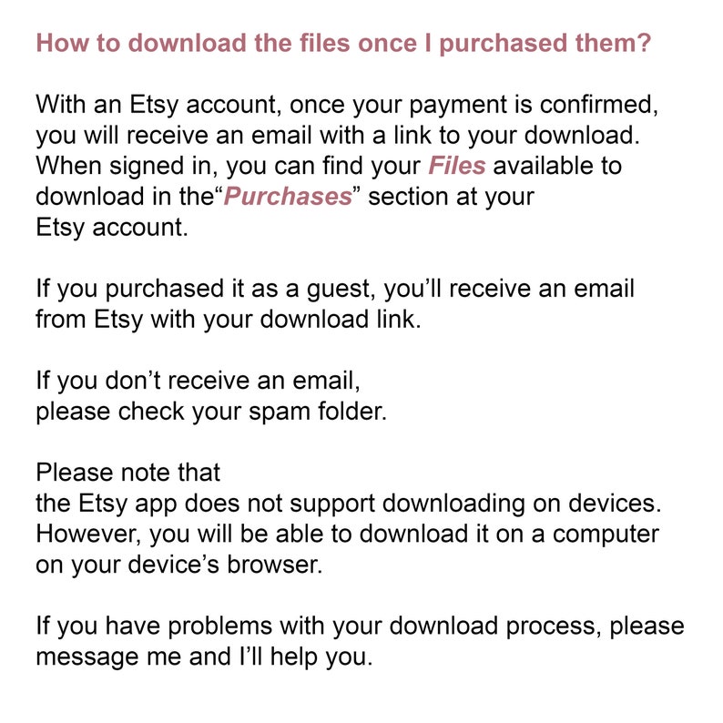 May include: Text explaining how to download digital files purchased on Etsy. It mentions receiving an email with a download link, finding files in the "Purchases" section, and checking the spam folder if the email is not received. It also notes that the Etsy app does not support downloading files, but they can be downloaded on a computer's browser.