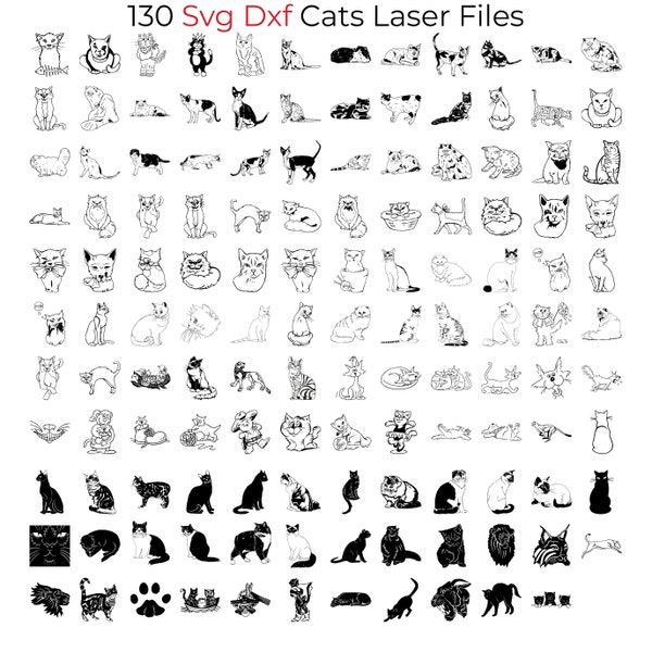 130 Svg Dxf Cats Outline for Laser Engrave Black and White Clipart Vector Files Cartoon Style