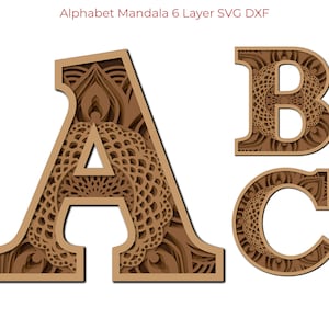 ABC mandala alfabet bloemen 26 letters SVG DXF 6 gelaagde meerlaagse voor hout lasergravure Cricut papier snijlijn kunst aan de muur