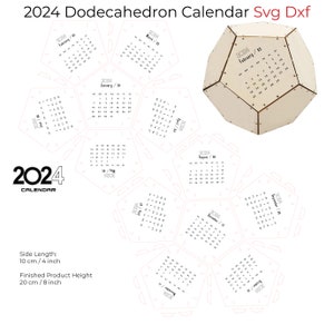 Calendrier 2024 Dodécaèdre Svg Fichier Dxf pour bibliothèque de gravure découpée au laser, projet de bureau découpé au laser en bois