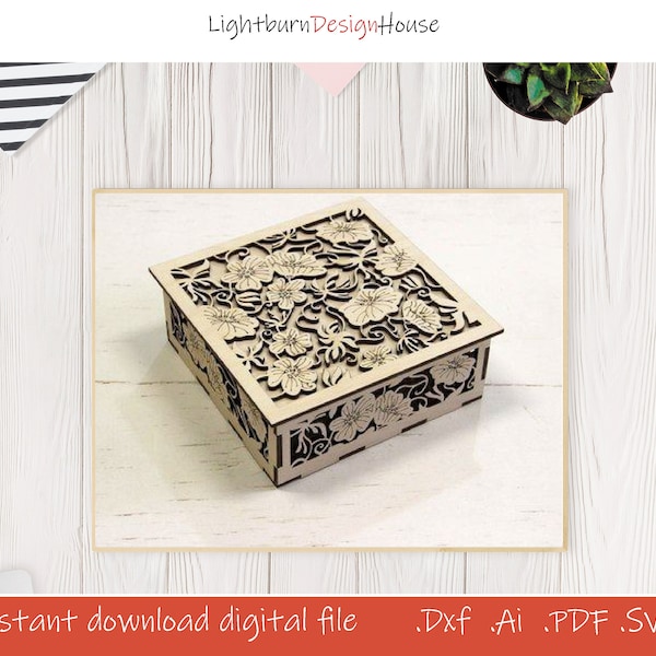 Flower Pattern Birch Beech Plywood Mdf Laser Wood Cut Box SVG Dxf Ai Pdf Digital File for your Love gift