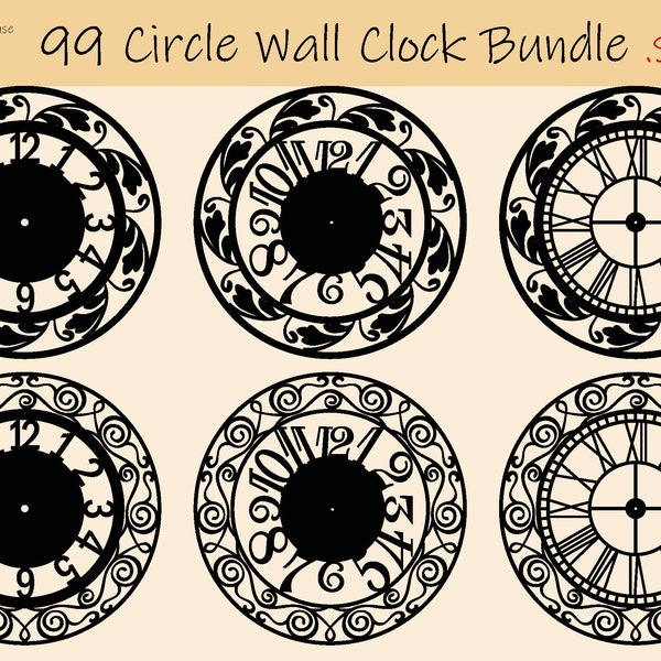 99 SVG File Circle Round Clock Bundle Home Wall Decor pour Cricut Silhouette Laser Métal Bois Coupé Graver, Art Mur