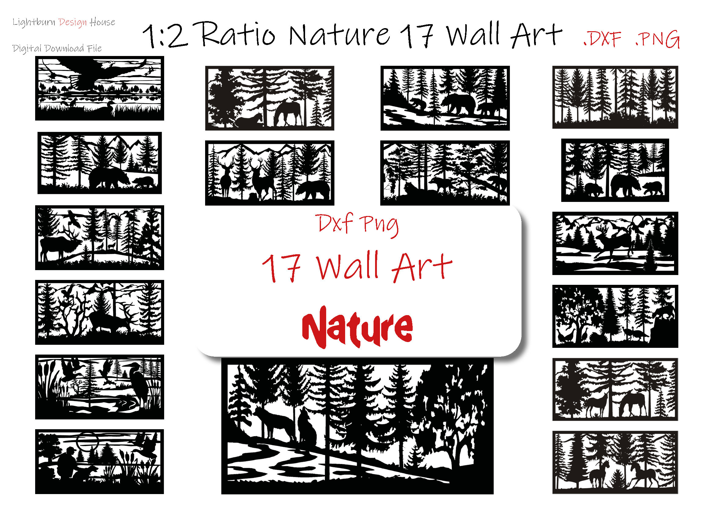 Nature 1:2 Ratio Wall Decor Dxf PNG Wall Art Bear Cub Tree Elk Feeding Eagle Squirrel Fish Ducks River Landing Metal Wood Laser Cut