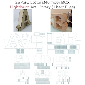 26 liter alfabetu Abc i cyfr 3d Box Lightburn Art Library (.Lbart) Pliki Svg Dxf dla drewna Mdf Cięcie laserowe (3 mm)