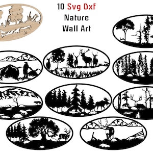 10 Dxf svg Oval Natur Wanddekor Bär Hirsch Elch Adler Vogel Baum Berge Holz Metall Laser-Schnitt