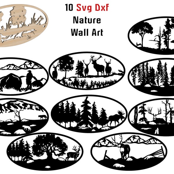 10 Dxf Svg Oval Nature Wall Decor Bear Deer Moose Eagle Bird Tree Mountains Wood Metal Laser Cut