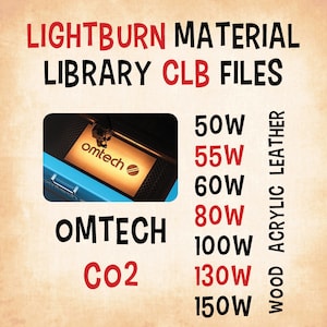 Lightburn-materiaalbibliotheek (.CLB-bestanden) – lasergesneden graveerinstellingen voor Omtech CO2-lasermachines (50 W, 55 W, 60 W, 80 W, 100 W, 130 W, 150 W)
