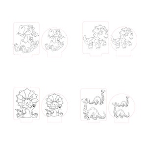 May include: Set of six black and white line art dinosaur designs for laser cutting. The designs include a T-Rex, a Triceratops, and a Brachiosaurus.