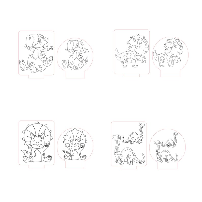 May include: Set of six black and white line art dinosaur designs for laser cutting. The designs include a T-Rex, a Triceratops, and a Brachiosaurus.
