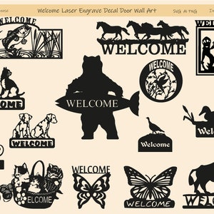 Bienvenue animaux Bundle SVG PNG pour bois métal découpé au Laser, gravure Lightburn, sticker art mural, autocollant de porte, décoration murale pour Cricut Silhouette