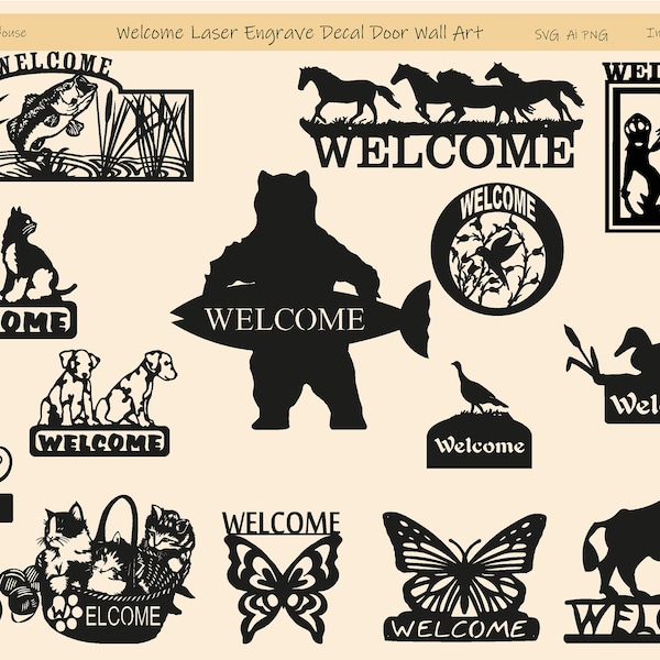 Welcome Animals Bundle SVG PNG For Wood Metal Laser Cut Engrave Lightburn, Wall Art Decal, Door Sticker, Wall Decor for Cricut Silhouette
