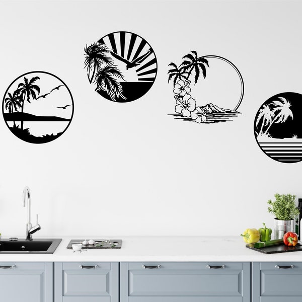 Set of 4 Island Landscape Scenery Svg Dxf Ai Png Lightburn Round Metal Laser Wall Decor File Home, Kitchen, Bathroom, Bedroom Wall Art