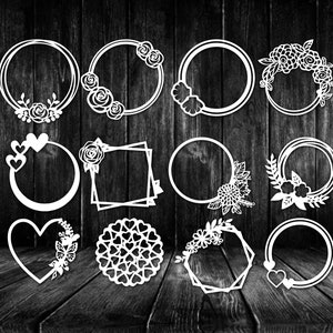 12 SVG Dxf Rodada Coração Coroa de flores com folhas florais e padrões de cartão de madeira e metal