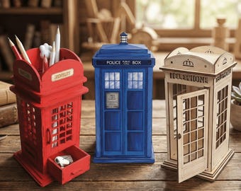 3 London Telephone Box Set SVG DXF Files for Laser Cut Tealight & Pencil Holder, Desk Organizer Wood Project, CNC Laser Digital Download