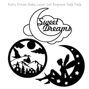 Fata Luna Dolce Sogno Bambino SVG PNG per Legno Metallo Taglio Laser Incisione Silhouette Cricut Stampa Vinile