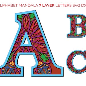 アルファベット フローラル マンダラ 26 文字 SVG DXF 7 層 マルチレイヤー 木材用 レーザー彫刻 クリカット ペーパー カット ライン ウォール アート