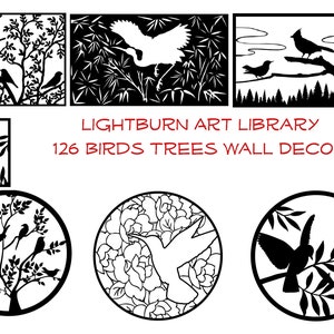 126 oiseaux, décoration murale Lightburn Art Library, fichiers Lbart pour découpe laser, gravure, décoration murale d'arbre, oiseaux