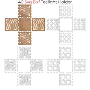 40 SVG DXF 幾何学模様キャンドルホルダー ティーライトランタン バンドル レーザーカット彫刻ライブラリ、スクエアウッドレーザープロジェクトファイル