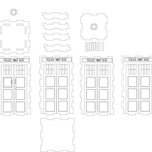 May include: A black and white line drawing of a TARDIS, a time machine from the Doctor Who television series. The drawing is divided into sections for cutting out and assembling a 3D model.