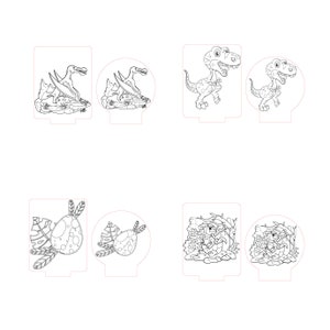 May include: A set of eight black and white dinosaur-themed night light designs. The designs include a dinosaur with a nest of eggs, a dinosaur with a nest of eggs in a forest, a dinosaur standing on a rock, and a dinosaur standing on a rock in a forest.