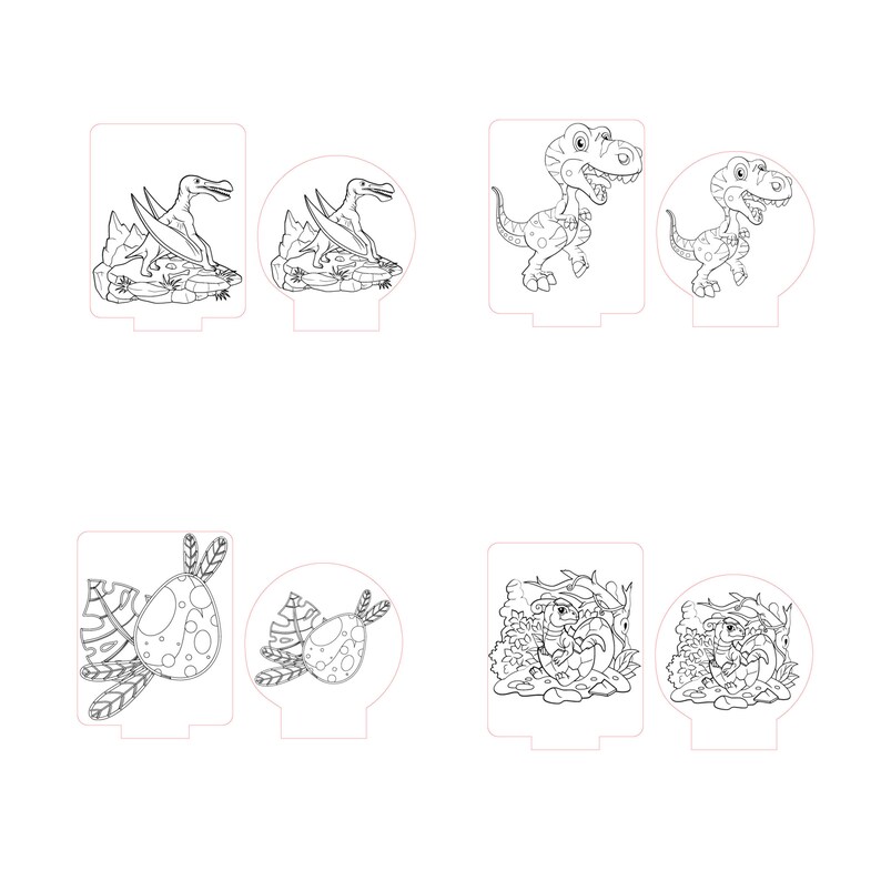 May include: A set of eight black and white dinosaur-themed night light designs. The designs include a dinosaur with a nest of eggs, a dinosaur with a nest of eggs in a forest, a dinosaur standing on a rock, and a dinosaur standing on a rock in a forest.