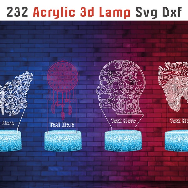 232 SVG DXF Acrylic Illusion Led Lamp Bundle Files For Laser Engrave Cut, Animals Mandala Christmas Led Night Lamp