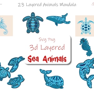 23 SVG PNG tortue hippocampe dauphin baleine poulpe en couches 3d multicouche pour gravure laser papier Cricut