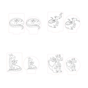 May include: A set of six black and white line art dragon designs for laser cutting. The designs include a sleeping dragon, a dragon breathing fire, a dragon with wings spread, and a dragon with its tail curled around its body.