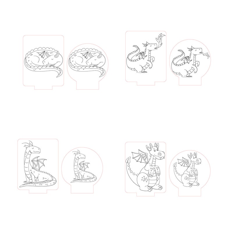 May include: A set of six black and white line art dragon designs for laser cutting. The designs include a sleeping dragon, a dragon breathing fire, a dragon with wings spread, and a dragon with its tail curled around its body.