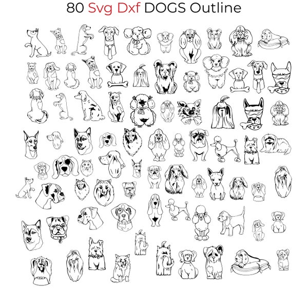 80 Svg Dxf Dogs Outline for Laser Engrave Black and White Clipart Vector Files Cartoon Style