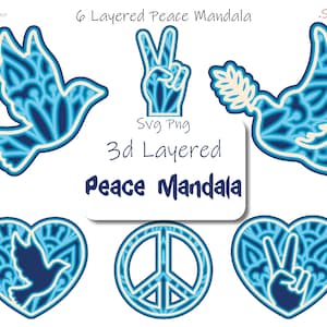 Pacote de mandala da paz 3d em camadas multicamadas svg png para gravação a laser corte de papel cricut, símbolo da paz em forma de coração de pombo